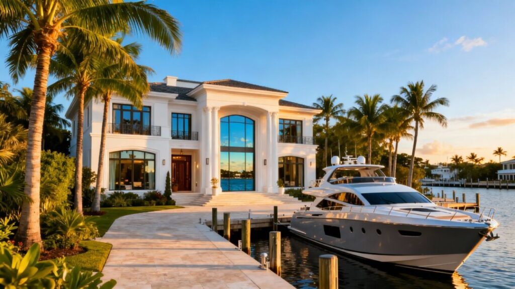 Luxury South Florida mansion with waterfront view and yacht.