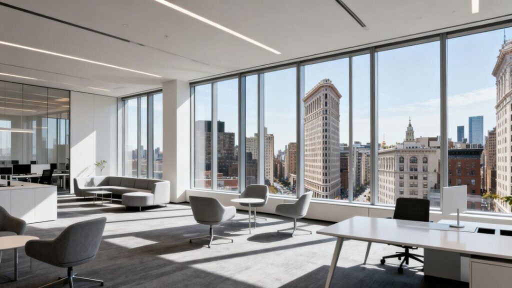 Manhattan Flatiron District office interior with city views.