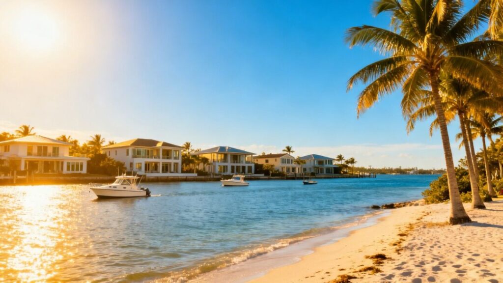 Florida homes by the ocean with clear blue skies.