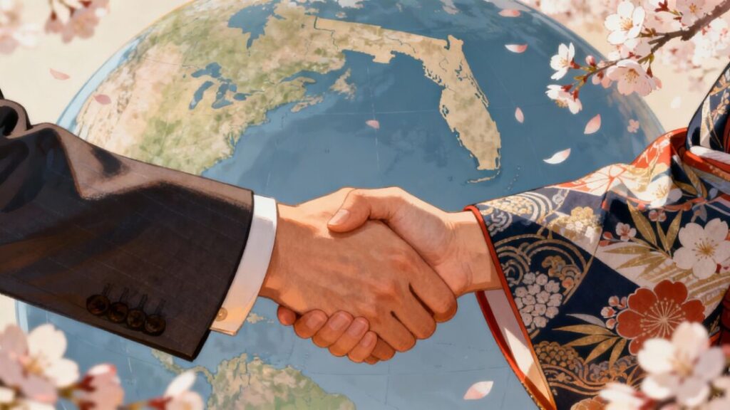 Florida and Japan handshake symbolizing international real estate cooperation.