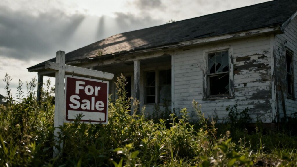 Foreclosed Florida home with overgrown yard and somber sky.
