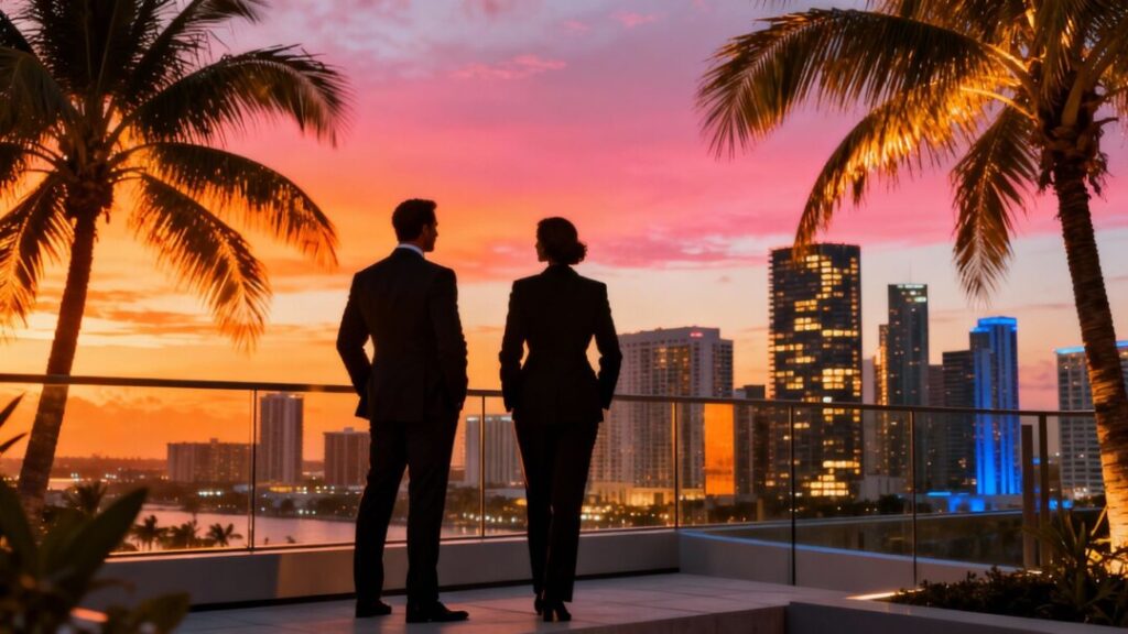 Florida skyline with business leaders, palm trees, sunset.
