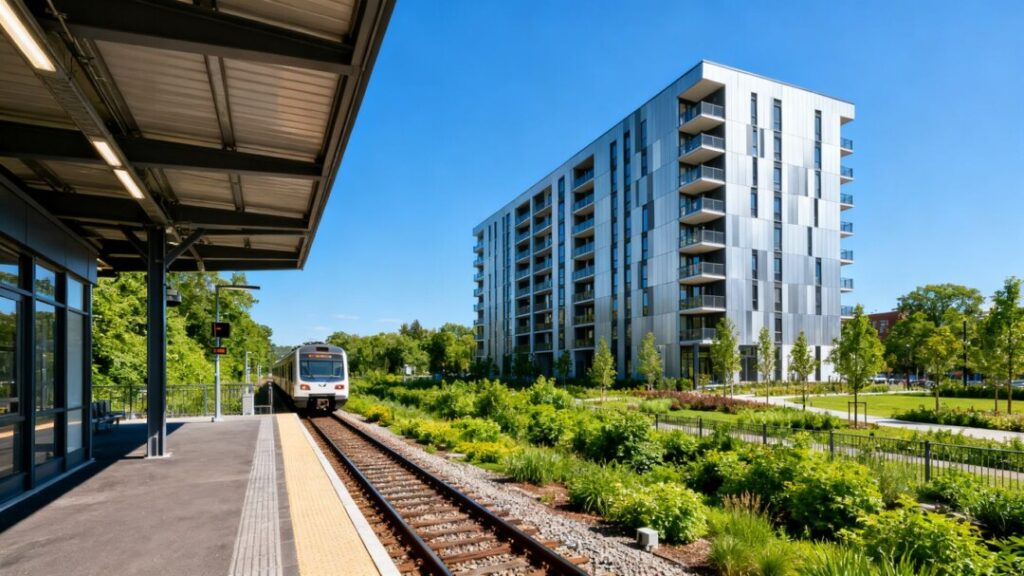 Modern apartment building next to train station in Boca Raton.
