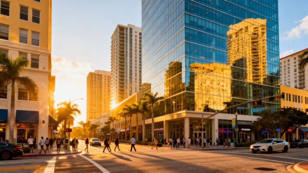 Broward County cityscape with modern buildings and busy streets.