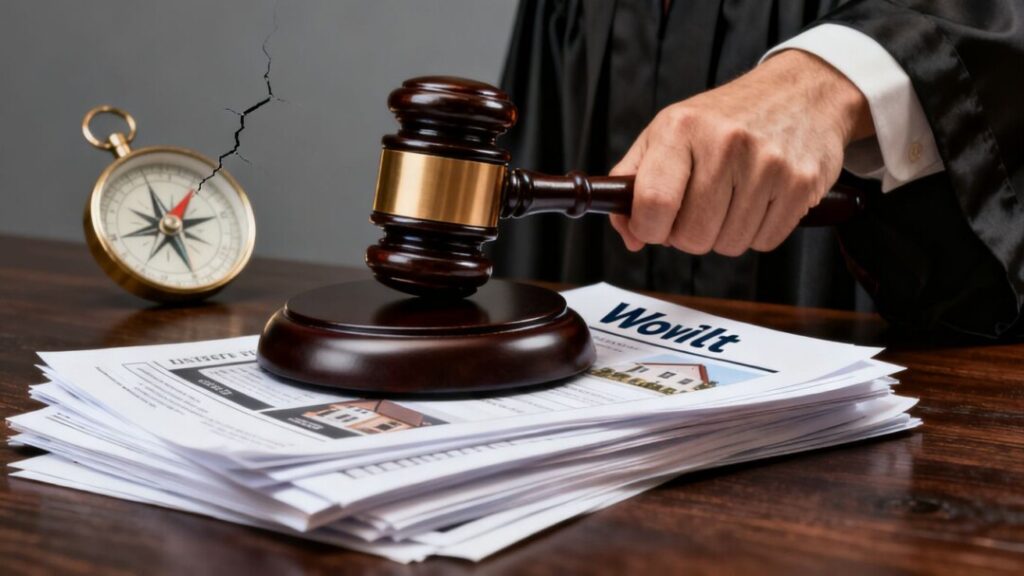 Gavel striking Zillow papers, compass defeated.