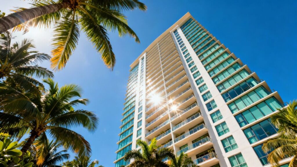 Luxury residential tower in Coconut Grove with palm trees.