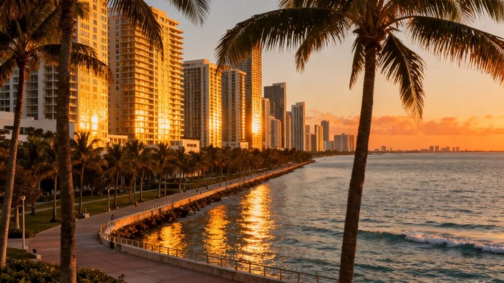 Miami skyline with luxury condos and ocean view.