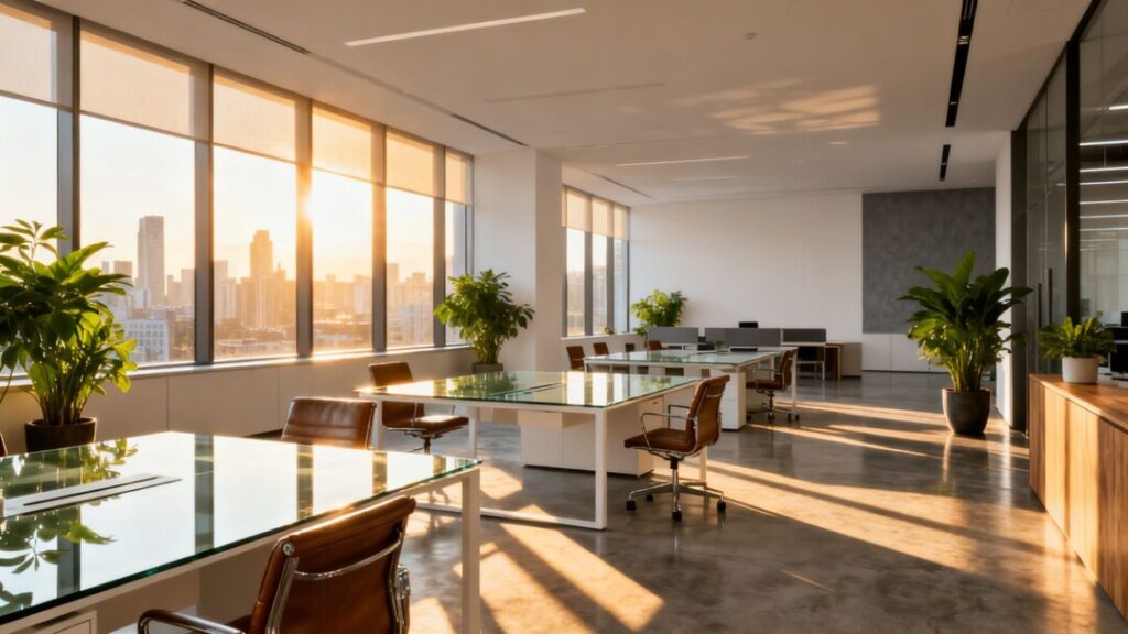 Modern office interior with sunlight streaming through windows.