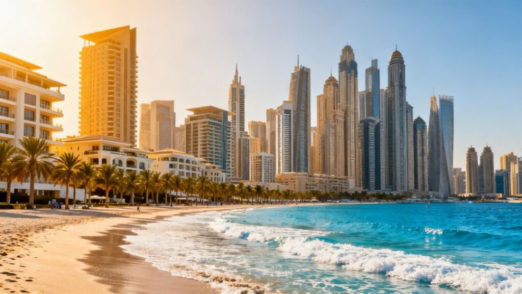 South Florida skyline with luxury buildings and ocean.