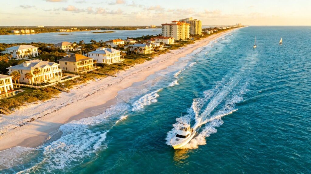 Florida coastline with luxury homes and clear blue water.