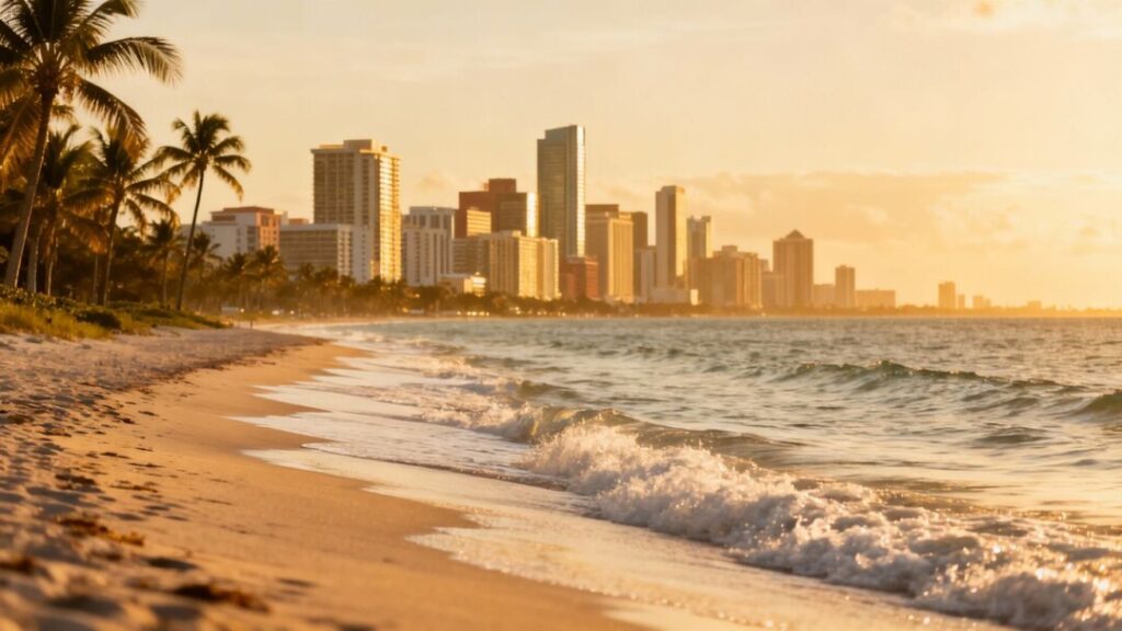 Florida coastline with cityscape, symbolizing housing market recovery.