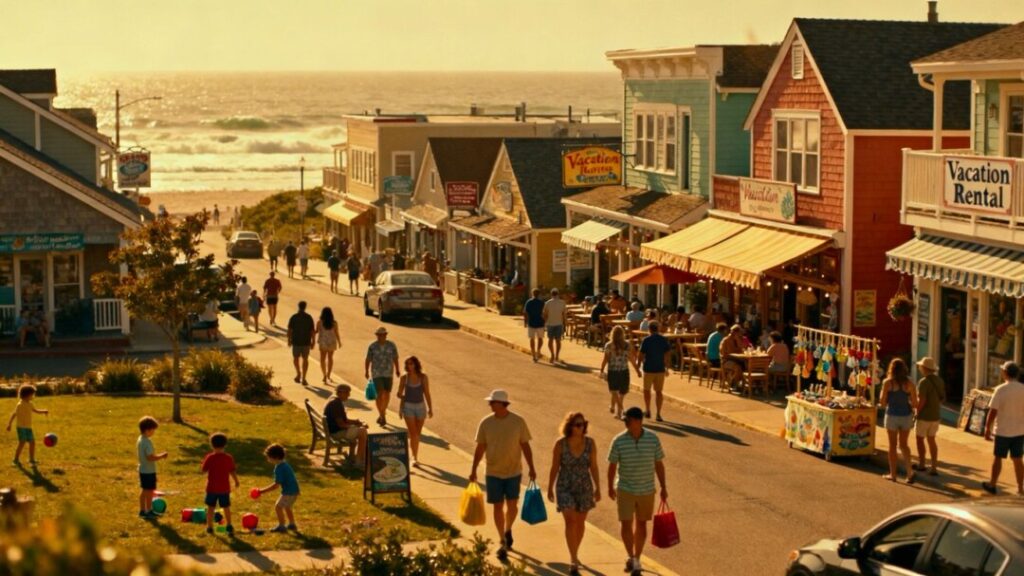 Coastal town with vacation rentals and local businesses.