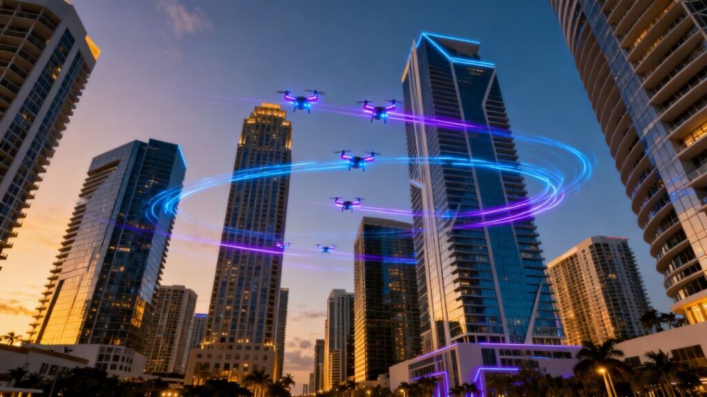 West Palm Beach skyline with futuristic buildings and drones.