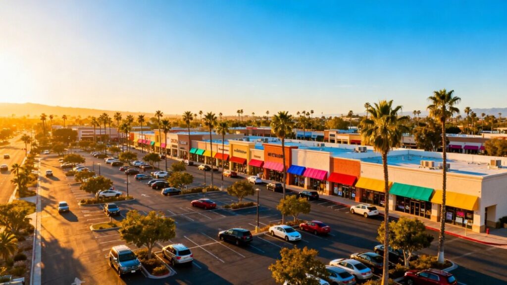 Open-air retail centers with palm trees and blue sky.