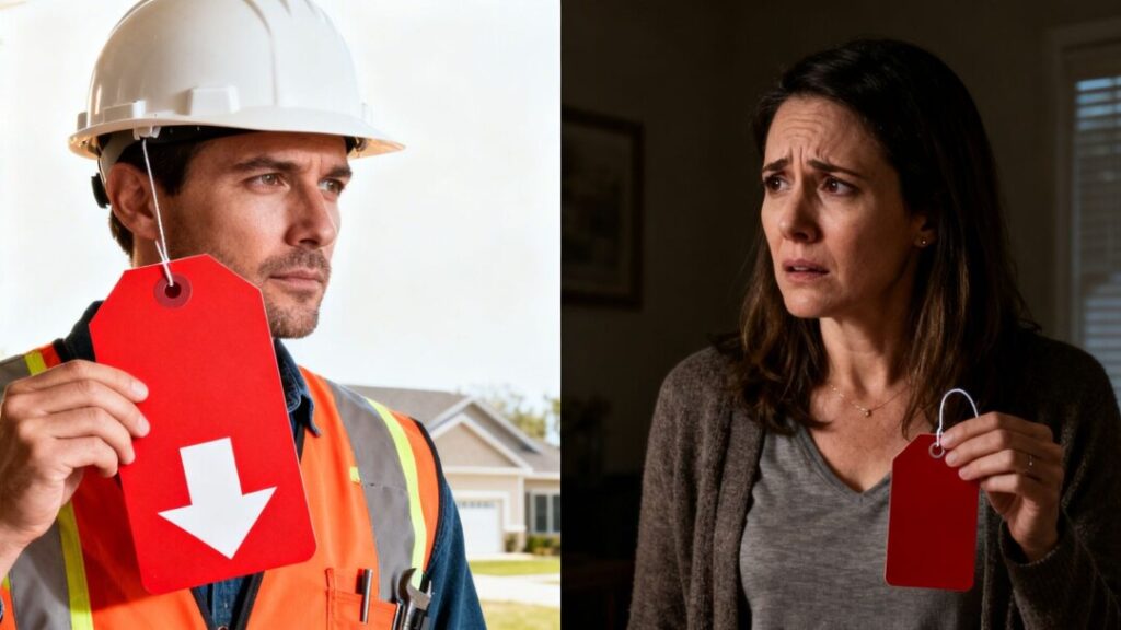 Builder and homeowner with price tags, builder's tag lower.