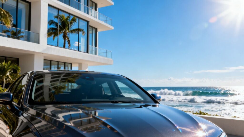 Aston Martin car at luxury Daytona Beach Shores residences.