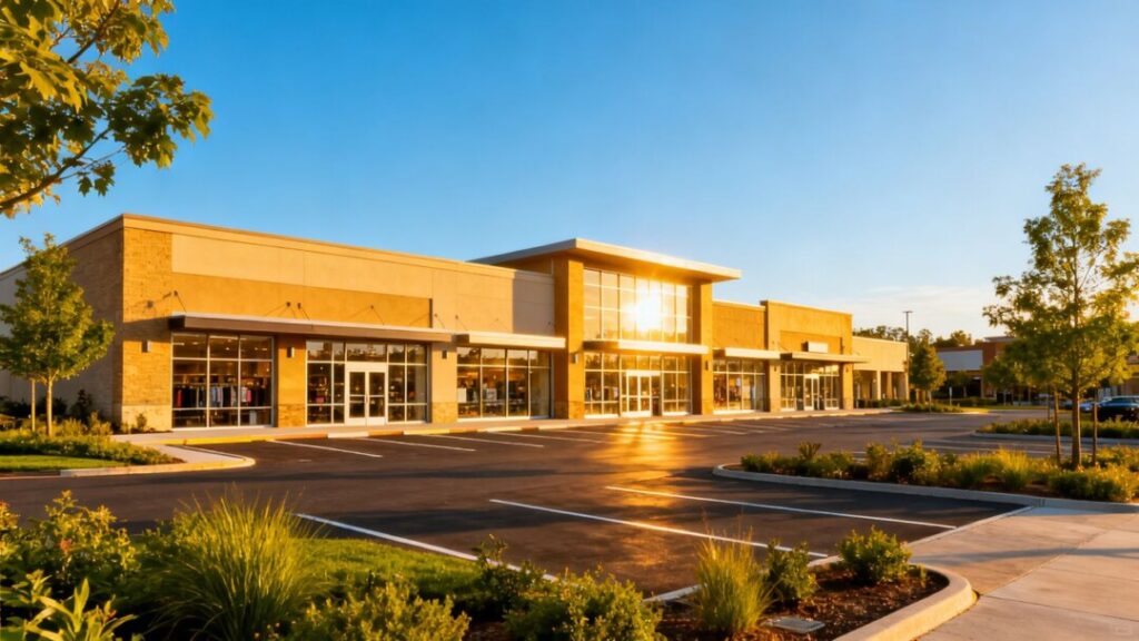 Retail complex with storefronts and parking lot.
