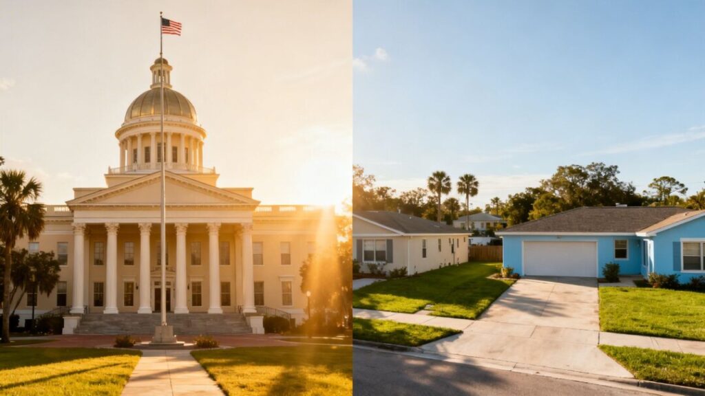 Florida capitol building and residential neighborhood under sunlight.