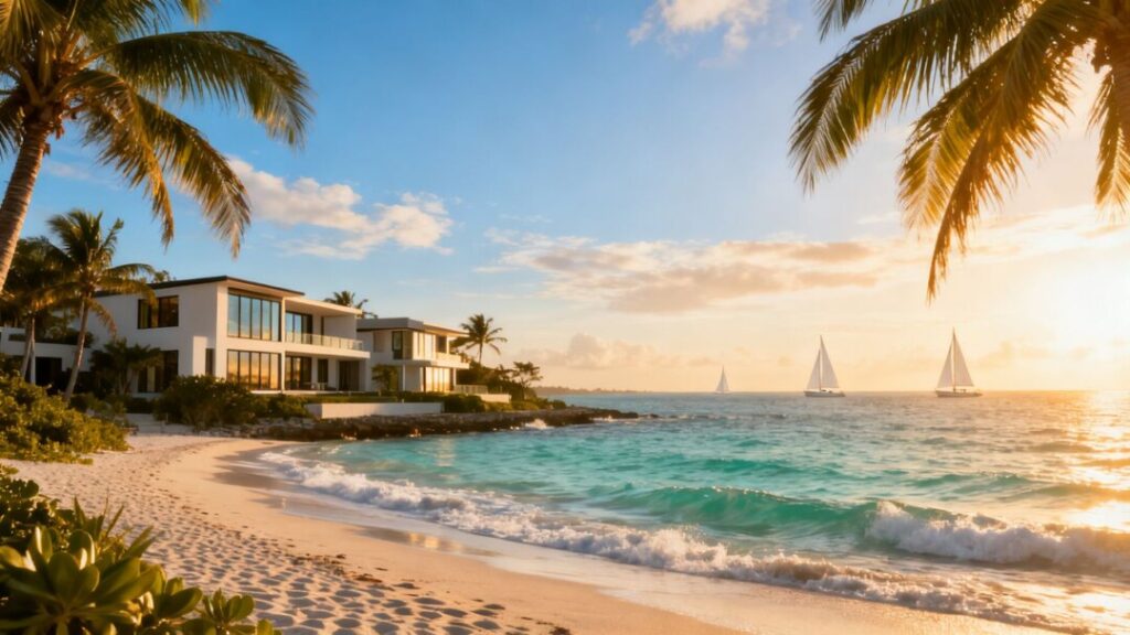 Florida homes on a sunny coast with palm trees.