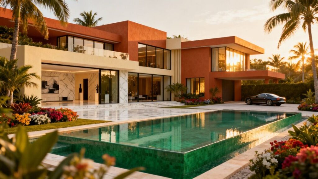 Luxury South Florida mansion with pool and tropical landscaping.