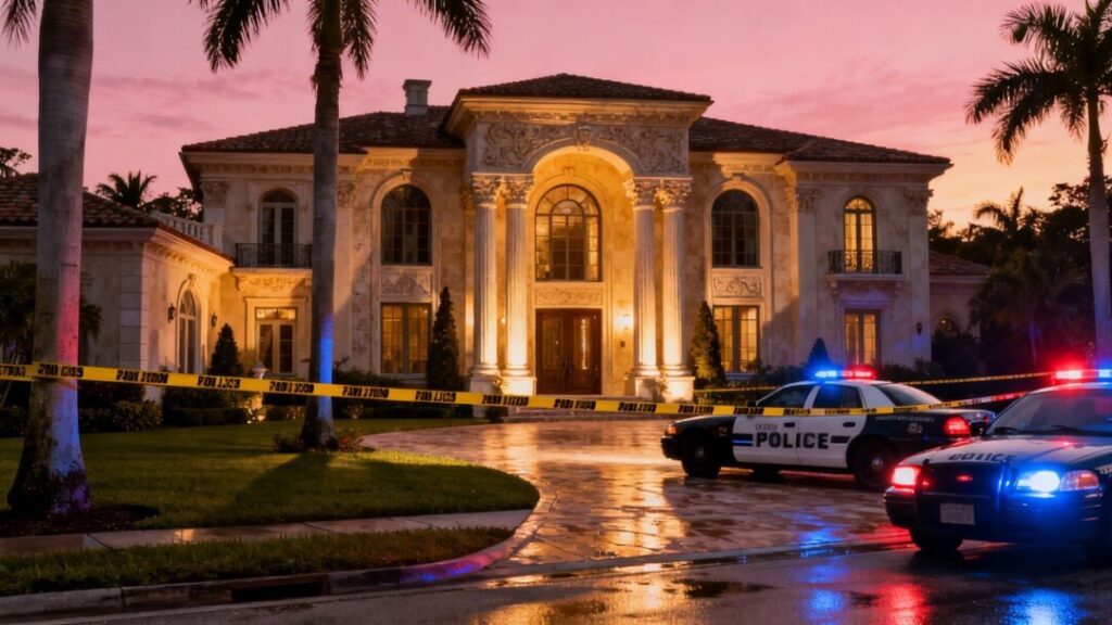 Mansion with police tape and flashing lights.