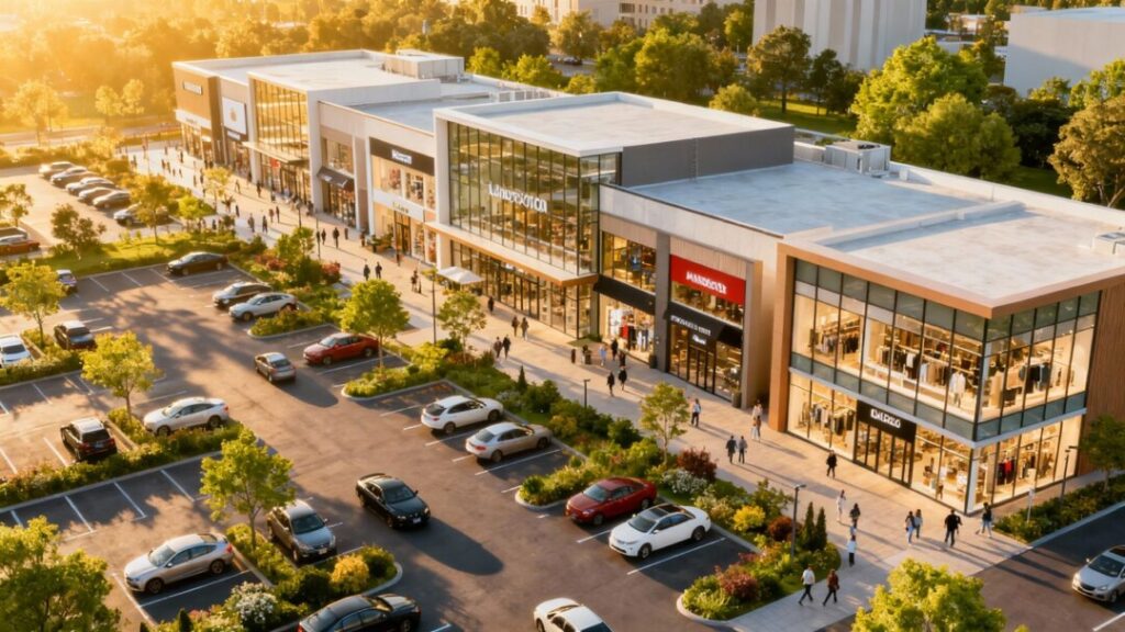 Whittier retail hub exterior with storefronts and parking.
