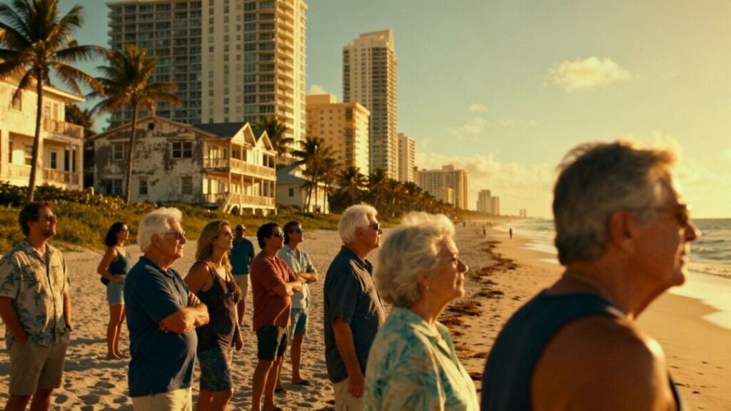 Florida coast with development, beachgoers, and palm trees.