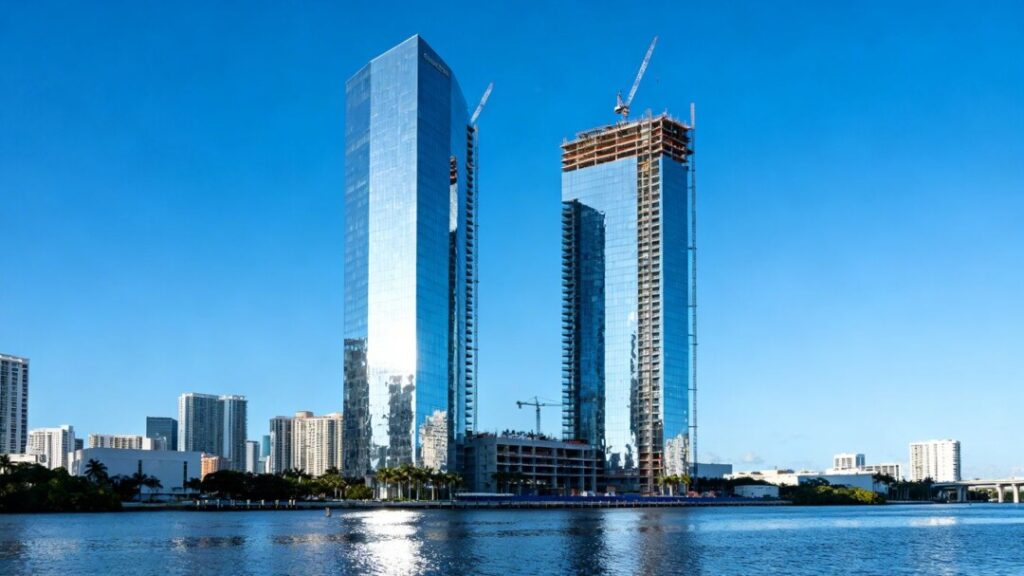 Twin skyscrapers of One Brickell Riverfront nearing completion.