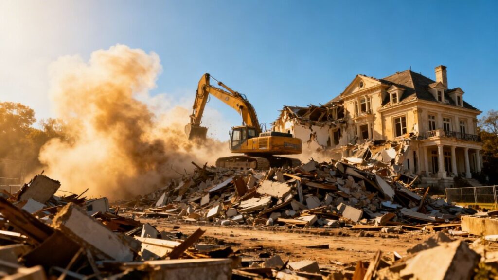 Demolished mansion site with rubble and dust.