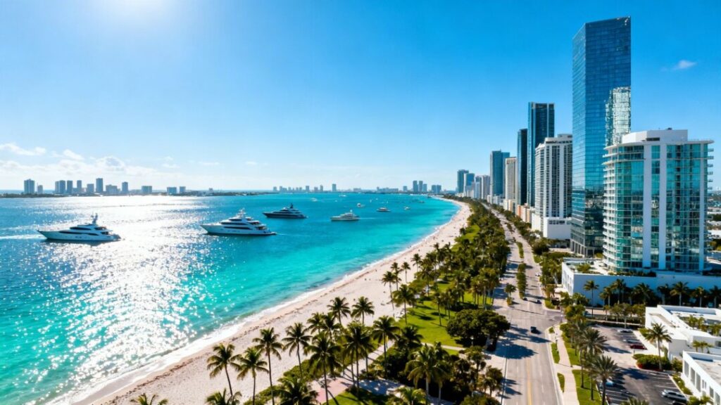 Miami skyline and ocean with luxury yachts and beaches.