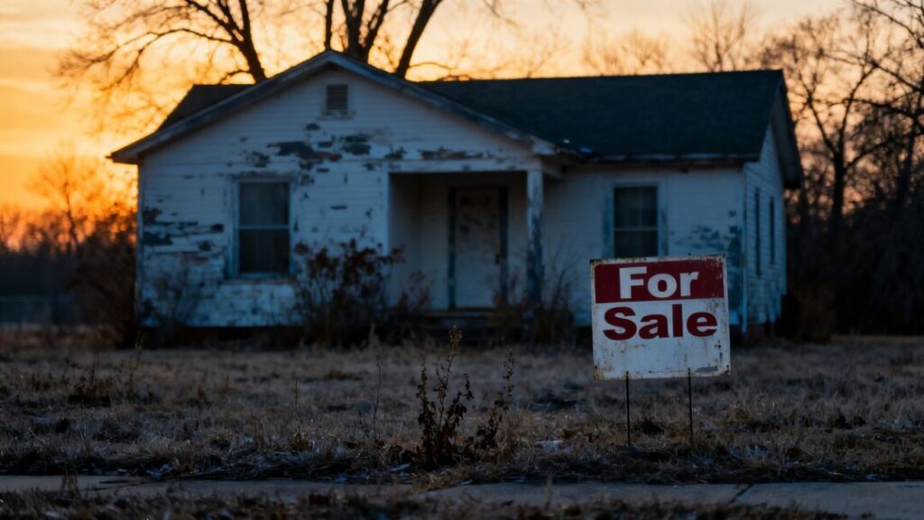 Empty house with 'For Sale' sign during a winter sunset.