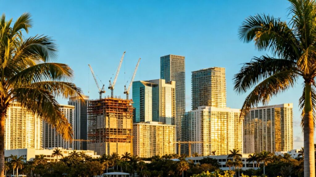 South Florida skyline with development and palm trees.