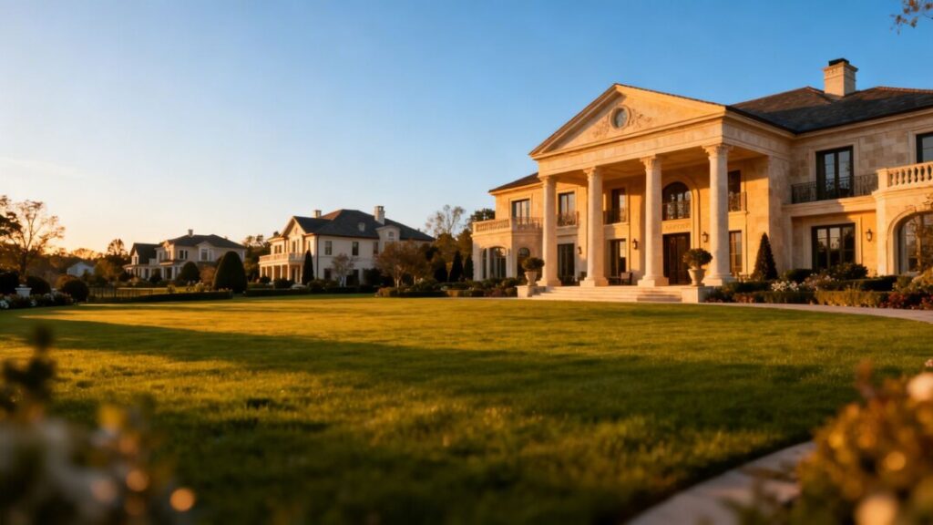 Luxury Palm Beach mansion with manicured lawn.