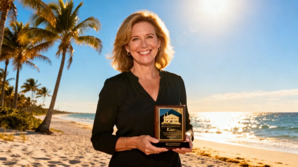 [Sandy Kishton] receives Florida real estate award on a sunny beach.