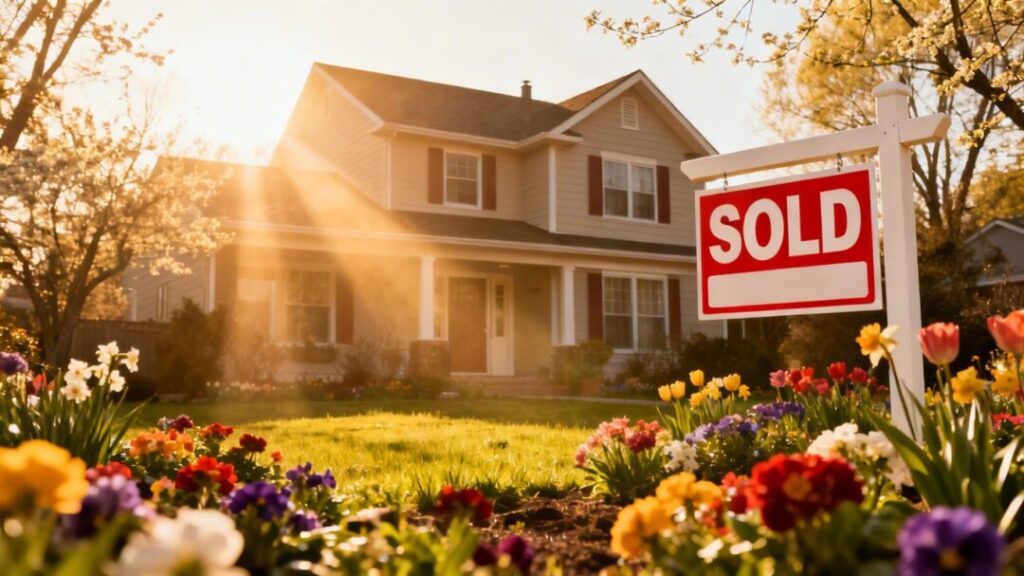 House with sold sign and spring flowers.