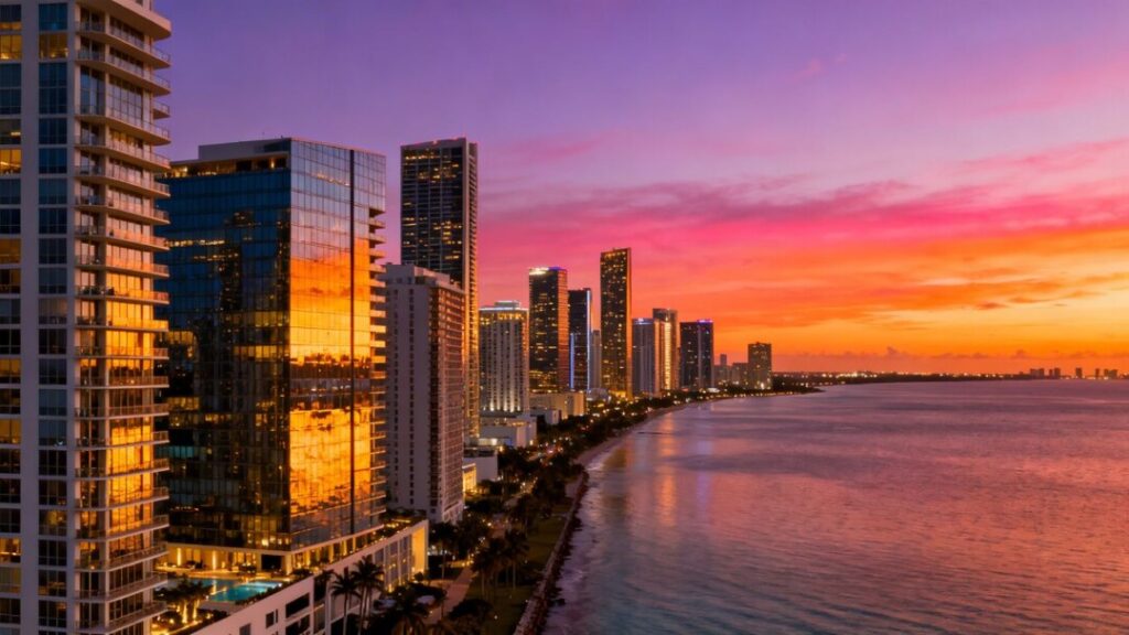Miami skyline with luxury condos and ocean view.