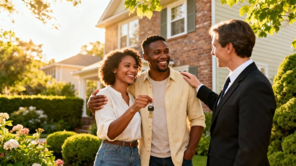 Couple receives keys to a new home from real estate agent.