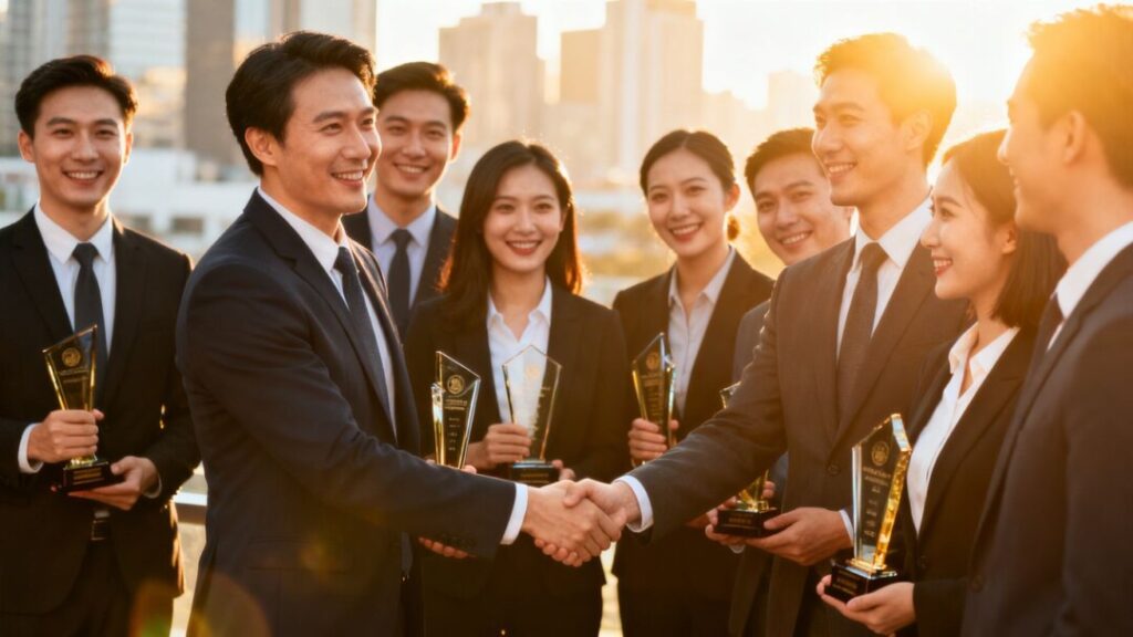 NAIOP leaders receiving awards in front of a city backdrop.