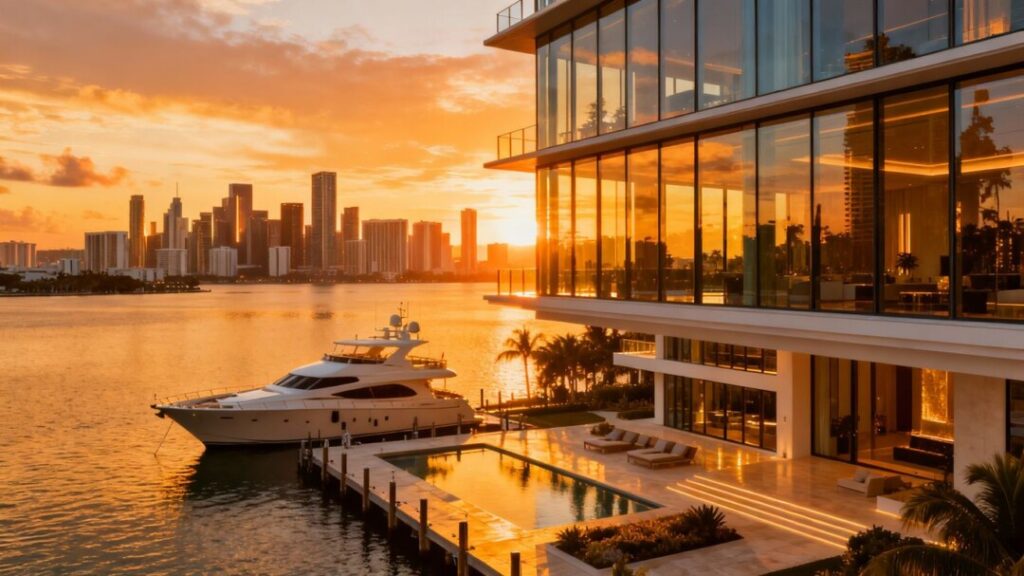 Miami skyline and luxury waterfront property at sunset.