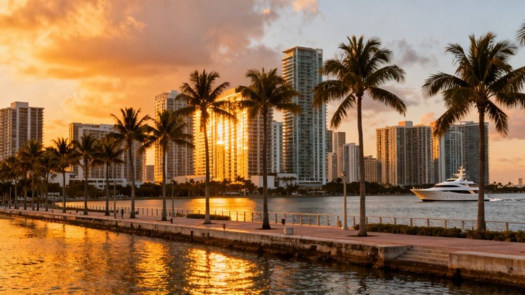 Miami skyline with luxury condos and palm trees.