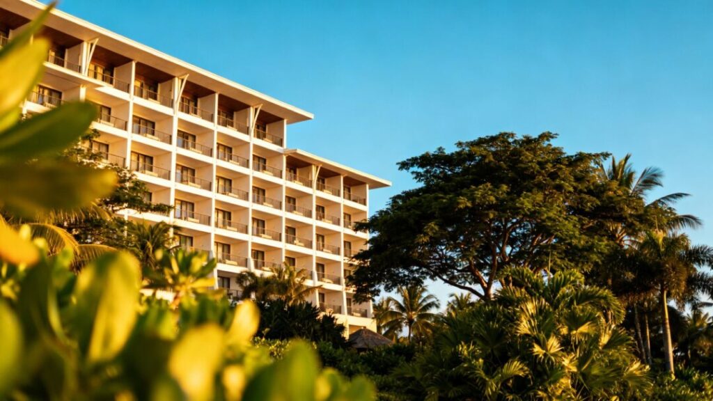 Modern luxury mixed-use building with balconies and greenery.
