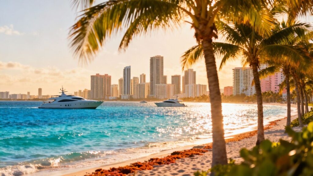 South Florida skyline with ocean and palm trees.
