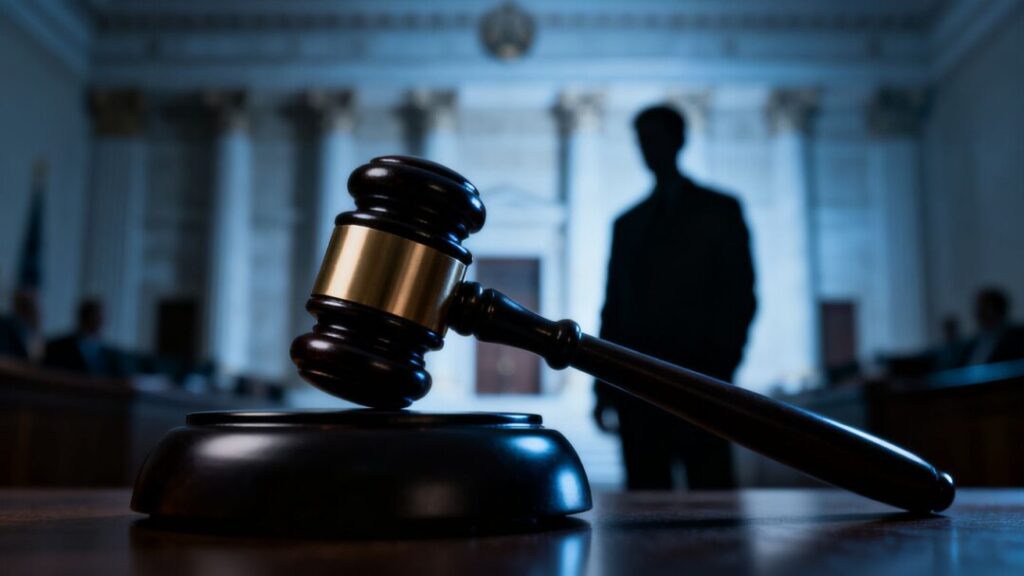 Gavel striking sound block, courthouse background, shadowy figure.