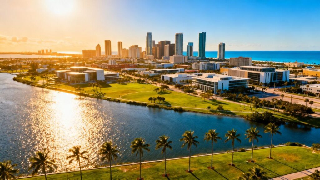 Florida and Texas skylines with ocean and palm trees.