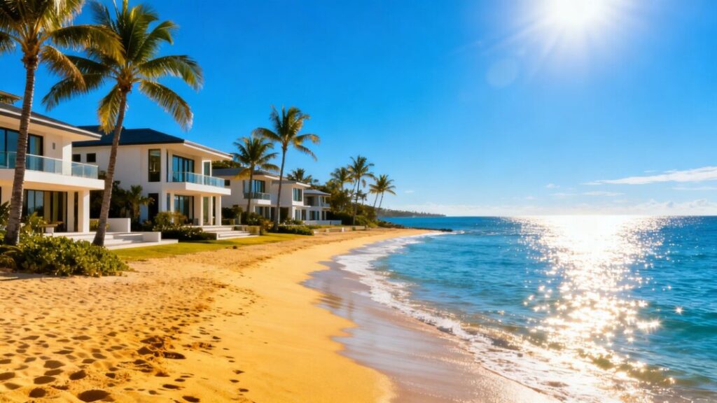 Florida coastline with luxury homes and palm trees.