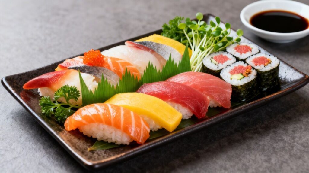 Colorful sushi platter with sashimi and rolls.