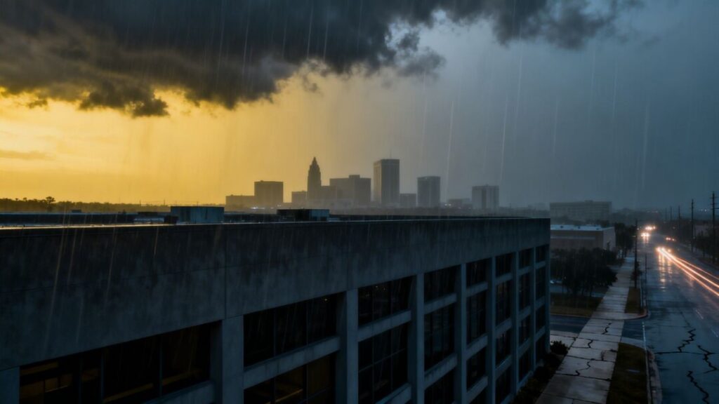Tampa cityscape with a shadowy office building under dark clouds.