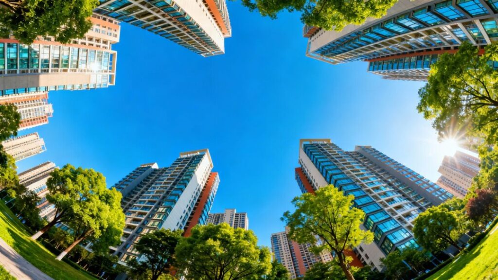 Jacksonville cityscape with modern apartments and green trees.