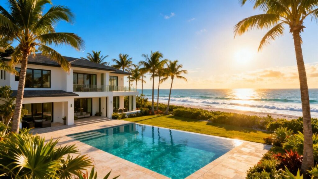 Florida home with pool and palm trees under a sunny sky.