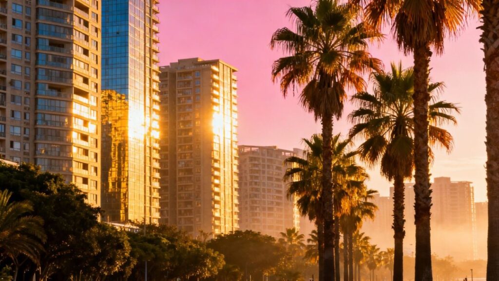 Miami skyline with palm trees at sunrise.